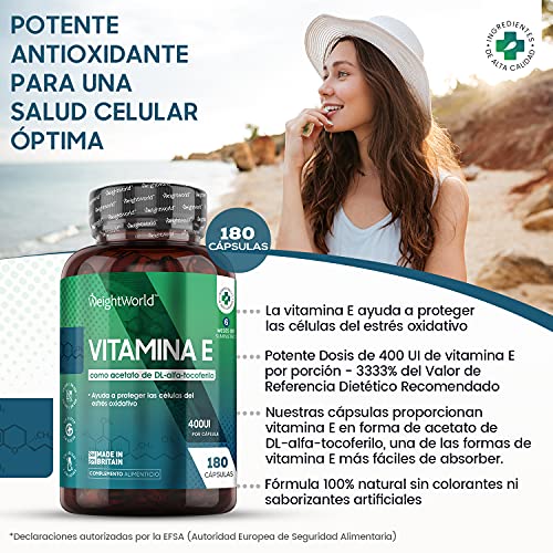 Vitamina E Cápsulas 400UI 180 Cápsulas - Vitamina E Natural 6 meses de suministro - Perlas de Vitamina E de DL Acetato de Alfa Tocoferilo, Antioxidante para Proteger a las Células del Estrés Oxidativo