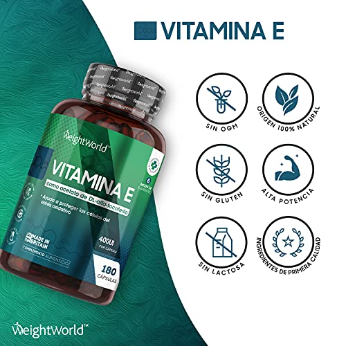 Vitamina E Cápsulas 400UI 180 Cápsulas - Vitamina E Natural 6 meses de suministro - Perlas de Vitamina E de DL Acetato de Alfa Tocoferilo, Antioxidante para Proteger a las Células del Estrés Oxidativo