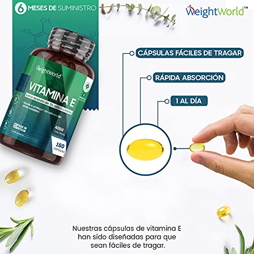 Vitamina E Cápsulas 400UI 180 Cápsulas - Vitamina E Natural 6 meses de suministro - Perlas de Vitamina E de DL Acetato de Alfa Tocoferilo, Antioxidante para Proteger a las Células del Estrés Oxidativo