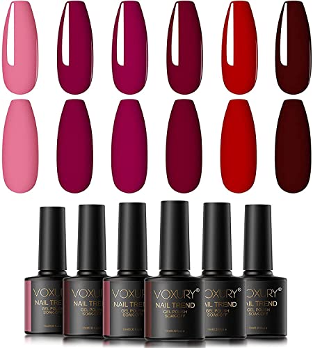 VOXURY Regalo de san Valentín Esmalte de Uñas Semipermanente Uñas de Gel, UV LED Kit Roja Burdeos de Manicura 6pcs 10ml con Caja de regalo…