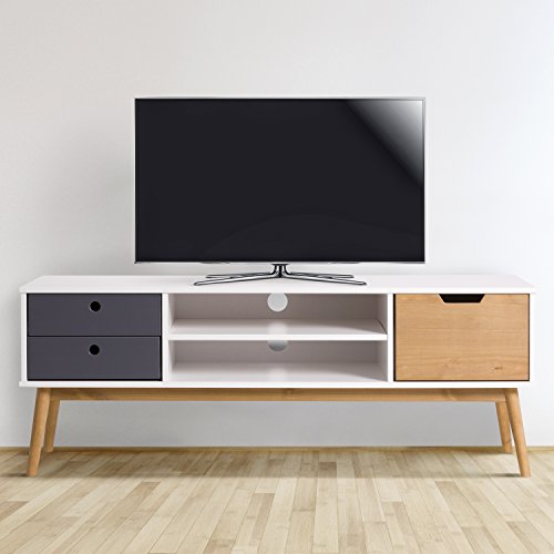 VS Venta-stock Mueble TV Leti Blanco, Pino Macizo, 1 Puerta y 2 cajones, 140 cm