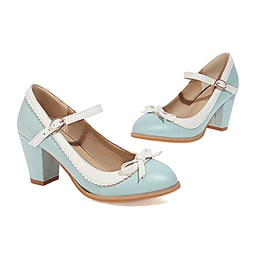 VulusValas Mujer Sweetie Mary Jane Zapatos Alto Tacón Ancho Pumps Hebilla Correa de Tobillo Zapatos Lazos Blue Size 36 Asiática