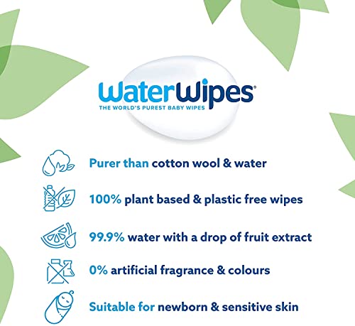 WaterWipes Toallitas de bebé (4 x 60 unidades), las toallitas húmedas más puras para pieles suaves de bebé, toallitas limpiadoras compostables 100% de origen vegetal – 240 toallitas