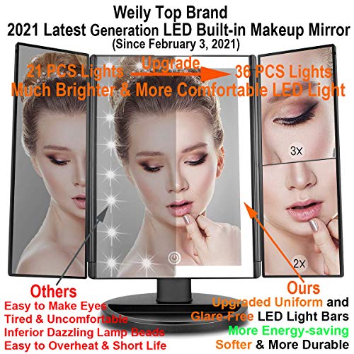 WEILY Espejo de Maquillaje con Luz, Espejo de Vanidad Triple con Aumento 2X/3X, 36 Luces LED y Dos Modos de Fuente de Alimentación Espejo de Maquillaje Cosmético