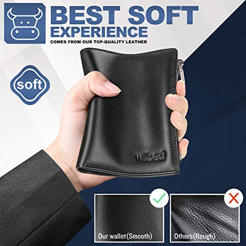 wilbest® Cartera Hombre Cuero, Cartera con Bloqueador RFID de Gran Capacidad 15 Bolsas en Total, Billeteras Hombre de Piel con Bolsas con Cremallera, Cartera con Ventana para Hombre como Regalo, Negra