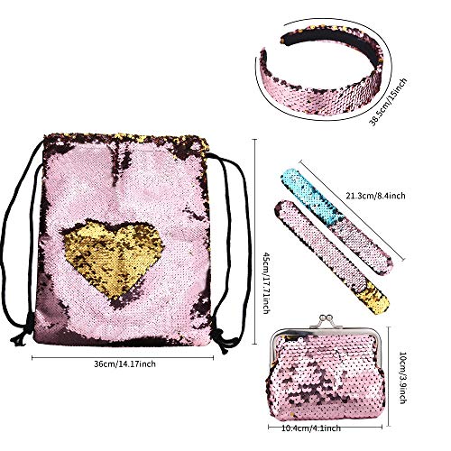 Wodasi Niña Mochilas de Lentejuelas, Lentejuela Mochila con Cordón con el Monedero y Pulseras y Diadema, Mochila Lentejuelas Niña Reversibles con Cordón Mochilas, Regalos para Niñas, 5 PCS