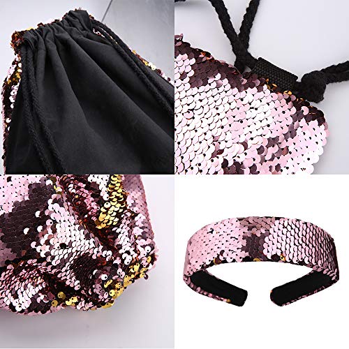 Wodasi Niña Mochilas de Lentejuelas, Lentejuela Mochila con Cordón con el Monedero y Pulseras y Diadema, Mochila Lentejuelas Niña Reversibles con Cordón Mochilas, Regalos para Niñas, 5 PCS