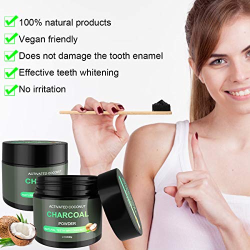 WOSTOO Polvo de Dientes, Polvo de Blanqueamiento de Carbón Activado Natural 2*80g+2 cepillos de bambú Teeth Whitening Powder Mejora la Salud Oral para Blanquear Dientes Sensibles Rápida, Eficazmente