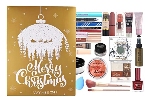 WYNIE Calendario Adviento Maquillaje 2021 con 24 Casillas que contienen Paletas Sombras de Ojos, Brochas de Maquillaje, Labiales, Coloretes y más Productos de Belleza