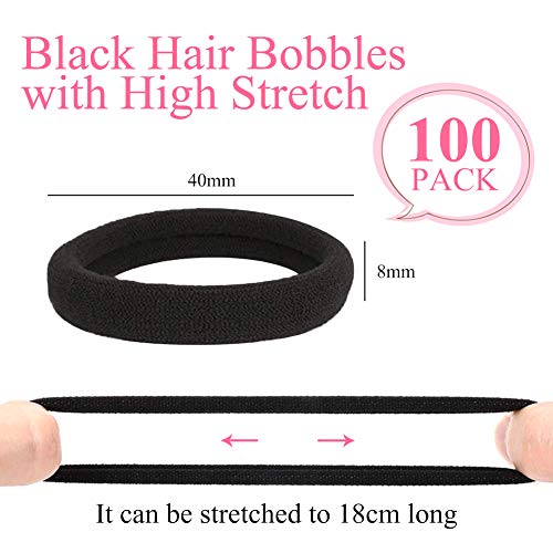 XCOZU 100 Piezas Goma de Pelo Negro, Suaves Cintas Elásticas para el Pelo para Mujeres, Niñas, Bandas el Pelo Elásticas Fuertes Coletas para Cabello Grueso y Rizado (40 x 8 mm)