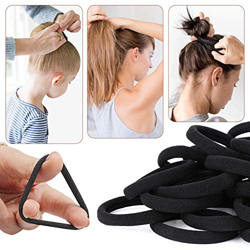 XCOZU 100 Piezas Goma de Pelo Negro, Suaves Cintas Elásticas para el Pelo para Mujeres, Niñas, Bandas el Pelo Elásticas Fuertes Coletas para Cabello Grueso y Rizado (40 x 8 mm)