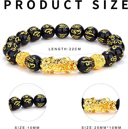 YADOCA 6 Piezas Feng Shui Golden Pi Xiu Lucky Wealthy Amuleto Pulsera Negro Natural Obsidiana Wealth Pulsera Elástico Ajustable 12 mm Bead Dragon Juego de Pulsera Good Lucky