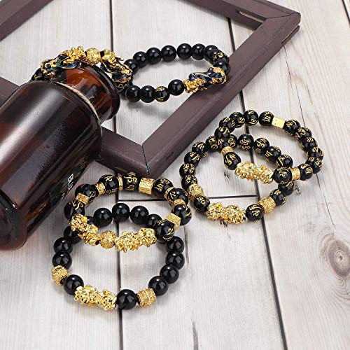 YADOCA 6 Piezas Feng Shui Golden Pi Xiu Lucky Wealthy Amuleto Pulsera Negro Natural Obsidiana Wealth Pulsera Elástico Ajustable 12 mm Bead Dragon Juego de Pulsera Good Lucky