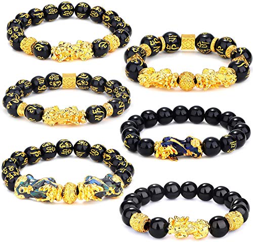 YADOCA 6 Piezas Feng Shui Golden Pi Xiu Lucky Wealthy Amuleto Pulsera Negro Natural Obsidiana Wealth Pulsera Elástico Ajustable 12 mm Bead Dragon Juego de Pulsera Good Lucky