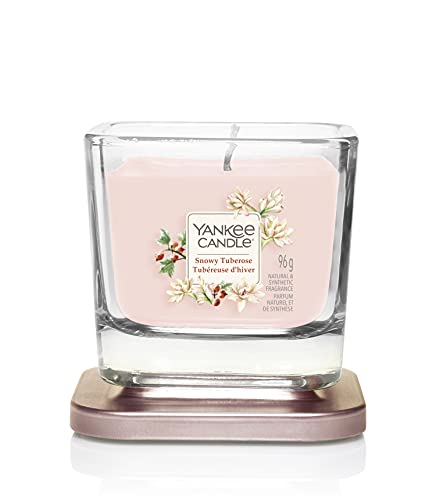 Yankee Candle Vela perfumada cuadrada pequeña de 1 mecha | Tuberosa nevada | Hasta 28 horas de tiempo de combustión | Colección Elevation con tapa de plataforma