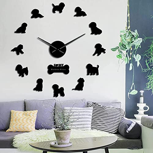 Yao Fa Reloj de Pared Bichon Frise Friend Mirror 3D Efecto Reloj de Pared Bichón Tenerife Silent Reloj de Movimiento Movimiento de Movimiento Non Chichon à Poil Frisé Wall Watch