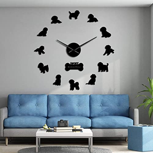 Yao Fa Reloj de Pared Bichon Frise Friend Mirror 3D Efecto Reloj de Pared Bichón Tenerife Silent Reloj de Movimiento Movimiento de Movimiento Non Chichon à Poil Frisé Wall Watch