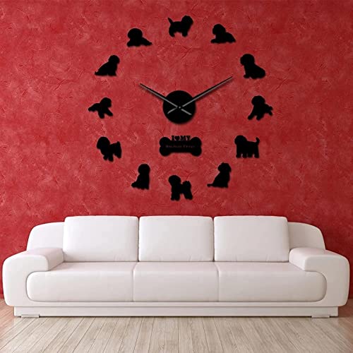 Yao Fa Reloj de Pared Bichon Frise Friend Mirror 3D Efecto Reloj de Pared Bichón Tenerife Silent Reloj de Movimiento Movimiento de Movimiento Non Chichon à Poil Frisé Wall Watch