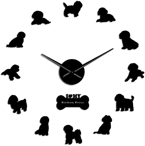 Yao Fa Reloj de Pared Bichon Frise Friend Mirror 3D Efecto Reloj de Pared Bichón Tenerife Silent Reloj de Movimiento Movimiento de Movimiento Non Chichon à Poil Frisé Wall Watch