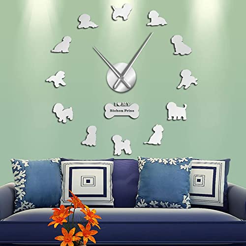 Yao Fa Reloj de Pared Bichon Frise Friend Mirror 3D Efecto Reloj de Pared Bichón Tenerife Silent Reloj de Movimiento Movimiento de Movimiento Non Chichon à Poil Frisé Wall Watch