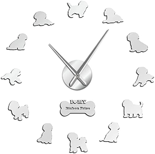 Yao Fa Reloj de Pared Bichon Frise Friend Mirror 3D Efecto Reloj de Pared Bichón Tenerife Silent Reloj de Movimiento Movimiento de Movimiento Non Chichon à Poil Frisé Wall Watch