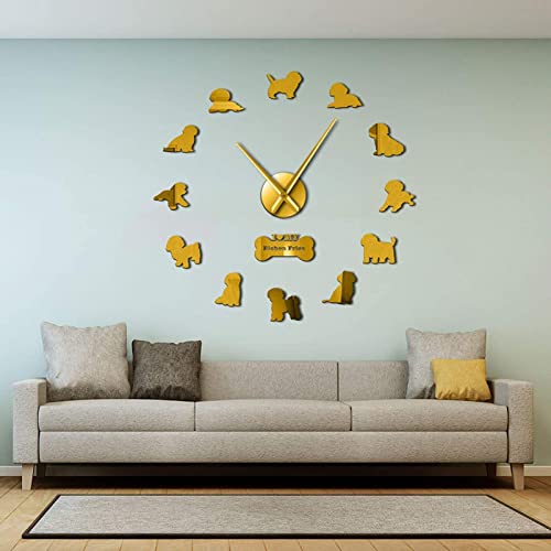 Yao Fa Reloj de Pared Bichon Frise Friend Mirror 3D Efecto Reloj de Pared Bichón Tenerife Silent Reloj de Movimiento Movimiento de Movimiento Non Chichon à Poil Frisé Wall Watch