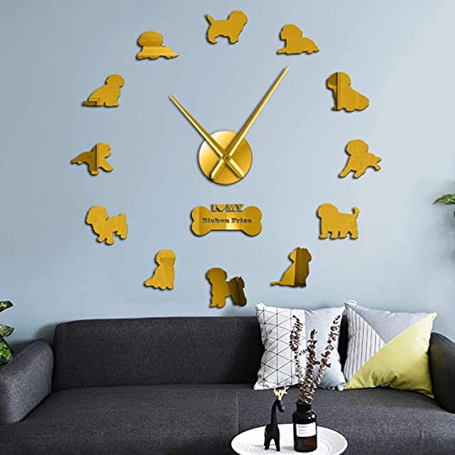 Yao Fa Reloj de Pared Bichon Frise Friend Mirror 3D Efecto Reloj de Pared Bichón Tenerife Silent Reloj de Movimiento Movimiento de Movimiento Non Chichon à Poil Frisé Wall Watch