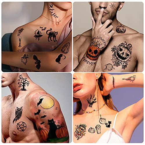 Yazhiji 40 hojas de Tatuajes Temporales de Halloween Calabaza bruja Tatuaje de Calavera de azúcar mujeres hombres niños y niñas, kit de maquillaje de zombies de Halloween Tatuajes Impermeables