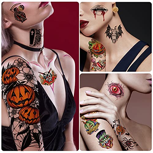 Yazhiji 40 hojas de Tatuajes Temporales de Halloween Calabaza bruja Tatuaje de Calavera de azúcar mujeres hombres niños y niñas, kit de maquillaje de zombies de Halloween Tatuajes Impermeables