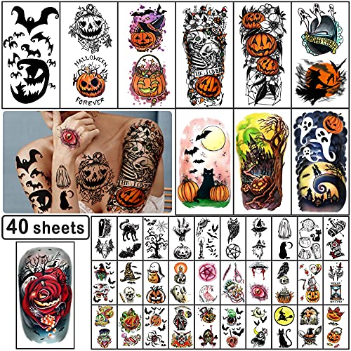 Yazhiji 40 hojas de Tatuajes Temporales de Halloween Calabaza bruja Tatuaje de Calavera de azúcar mujeres hombres niños y niñas, kit de maquillaje de zombies de Halloween Tatuajes Impermeables