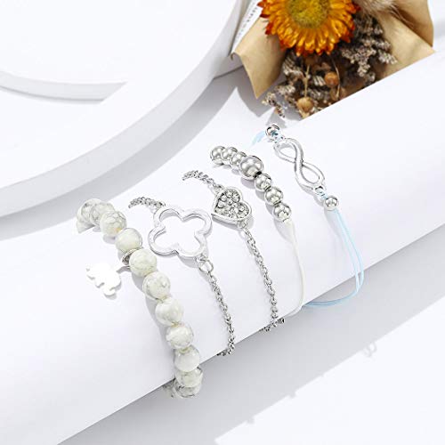 Yean Juego de pulseras de cristal estilo boho, plateadas, con forma de elefante, corazón, con cuentas, accesorios para mujeres y niñas, paquete de 5 unidades