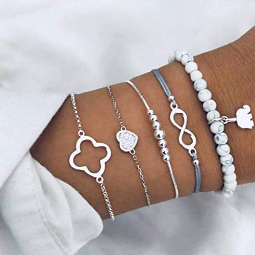 Yean Juego de pulseras de cristal estilo boho, plateadas, con forma de elefante, corazón, con cuentas, accesorios para mujeres y niñas, paquete de 5 unidades