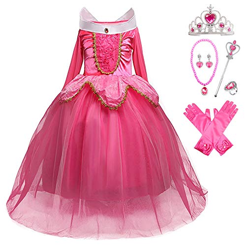 YOSICIL Disfraz de Bella Disfraces de Princesa Aurora Manga Larga Vestido de Princesa de Bella Durmiente Disfraz Accesorios Traje de Fiesta Carnaval Cumpleaños Regalo Navidad Halloween,Rosa 110