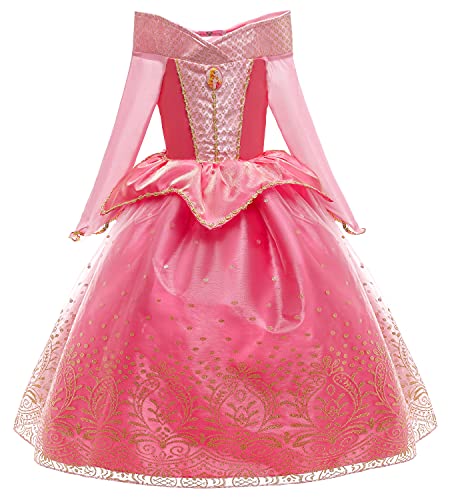 YOSICIL Disfraz Princesa Aurora para Niña Disfraz Bella Durmiente Manga Larga con 6Pcs Accesorio Dulce Princesa Cosplay Vestido para Cumpleaños Halloween Fiesta，Rosa,120