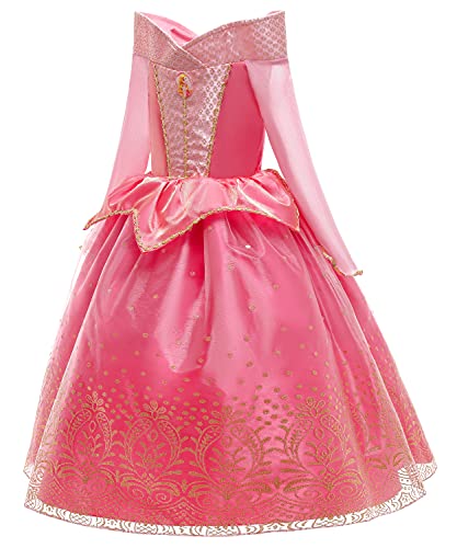 YOSICIL Disfraz Princesa Aurora para Niña Disfraz Bella Durmiente Manga Larga con 6Pcs Accesorio Dulce Princesa Cosplay Vestido para Cumpleaños Halloween Fiesta，Rosa,120