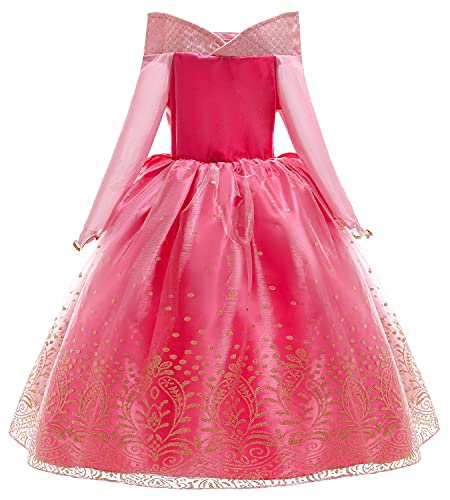 YOSICIL Disfraz Princesa Aurora para Niña Disfraz Bella Durmiente Manga Larga con 6Pcs Accesorio Dulce Princesa Cosplay Vestido para Cumpleaños Halloween Fiesta，Rosa,120