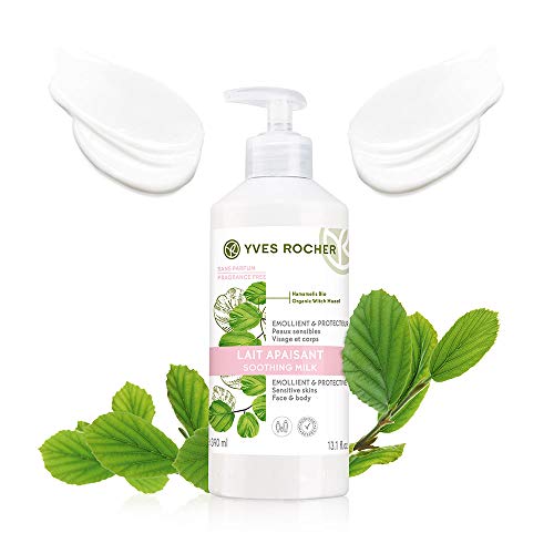 Yves Rocher Cuidado de las plantas del cuerpo, leche de cuidado de hamamelis, calma y hidrata inmediatamente la piel sensible, 1 botella de bombeo de 390 ml