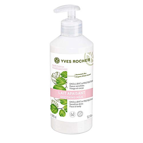 Yves Rocher Cuidado de las plantas del cuerpo, leche de cuidado de hamamelis, calma y hidrata inmediatamente la piel sensible, 1 botella de bombeo de 390 ml