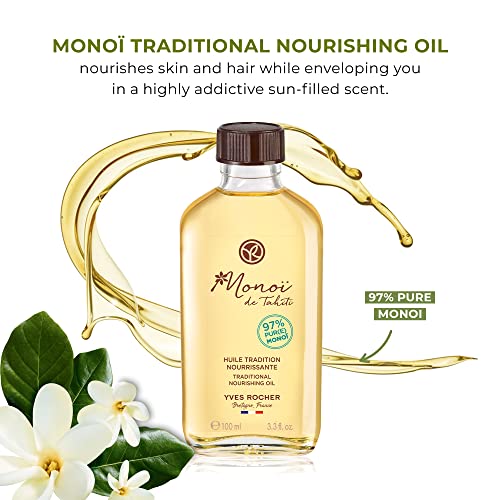 Yves Rocher Monoï - Aceite nutritivo tradicional para cuerpo y cabello con 97% Monoï de Tahiti, probado dermatológicamente, botella de 3.4 fl oz