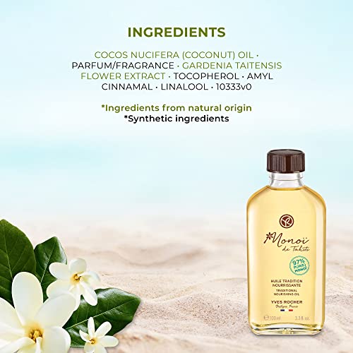 Yves Rocher Monoï - Aceite nutritivo tradicional para cuerpo y cabello con 97% Monoï de Tahiti, probado dermatológicamente, botella de 3.4 fl oz