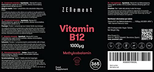 Zenement | Vitamina B12, Metilcobalamina 1000 µg, 365 Comprimidos | Sulblingual · Masticable | Ayuda a los Sistemas Nervioso, Inmunológico, Energético y de los Glóbulos Rojos | Vegano