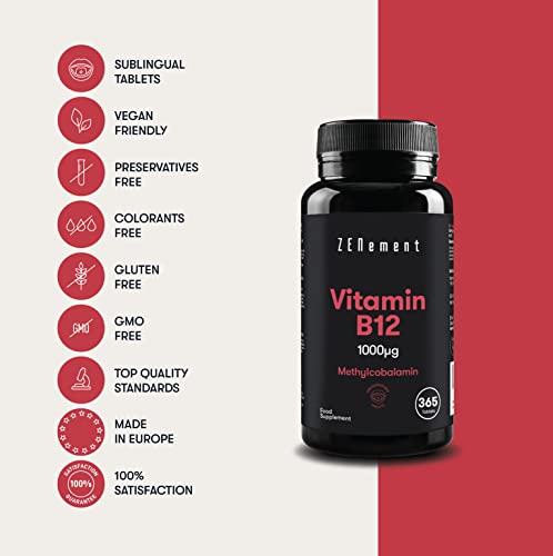 Zenement | Vitamina B12, Metilcobalamina 1000 µg, 365 Comprimidos | Sulblingual · Masticable | Ayuda a los Sistemas Nervioso, Inmunológico, Energético y de los Glóbulos Rojos | Vegano