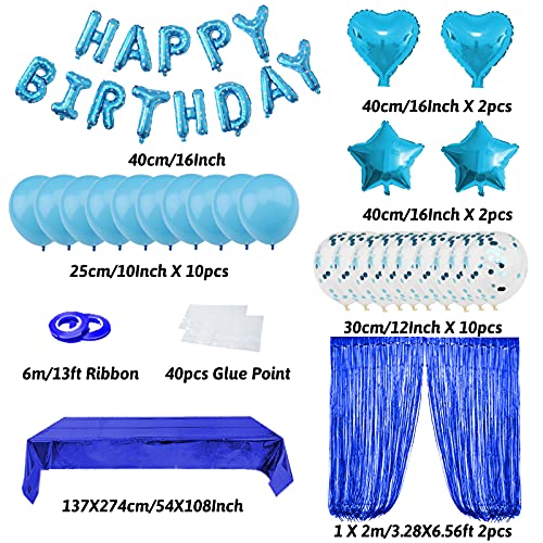 ZERODECO Decoraciones de cumpleaños azul, papel de aluminio feliz cumpleaños globo banner mantel flecos cortinas brillantes bandera de pastel estrella y corazón globos confeti globos de látex