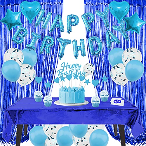 ZERODECO Decoraciones de cumpleaños azul, papel de aluminio feliz cumpleaños globo banner mantel flecos cortinas brillantes bandera de pastel estrella y corazón globos confeti globos de látex