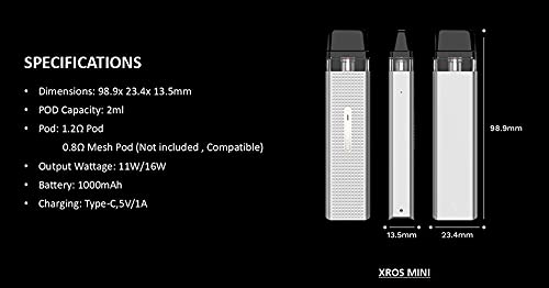 ZERUN Vaporesso XROS Mini Kit Vaporizador de cigarrillo electrónico 1000mAh Batería 11 / 16W 2ml Mesh Pod Top Filling MTL Vape (Silver)