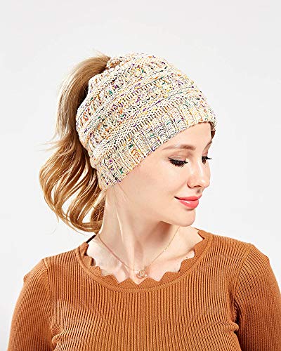 ZiXing Gorros con Coleta Mujer Invierno Gorro Caliente de Punto con Agujero Sombreros de Invierno Knit Ponytail Beanie Hat Beige OneSize