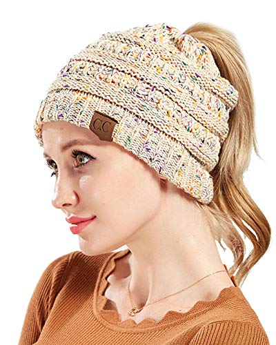 ZiXing Gorros con Coleta Mujer Invierno Gorro Caliente de Punto con Agujero Sombreros de Invierno Knit Ponytail Beanie Hat Beige OneSize