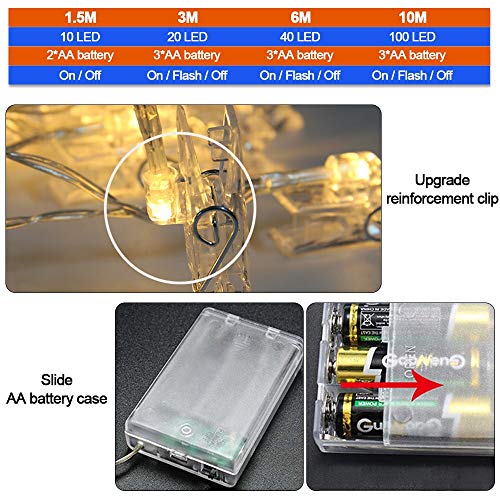 10 Clips fotos LED Luces cuerdas 1.5 m, Luces clavija fotos Luces hadas navideñas que funcionan con pilas Perfecto para colgar fotos, notas, tarjetas de pinturas y notas Decoración exterior interiores