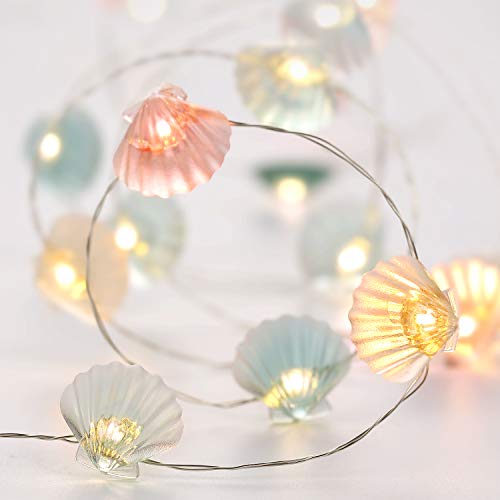 10 Pies Guirnalda de Luces 40 LEDs Temática de Playa Verano Estilo Mexicano/Mediterráneo Alimentada por Batería con 12 Modos Contro Remoto y Temporizador para Niñas Niños (Concha de Colores)