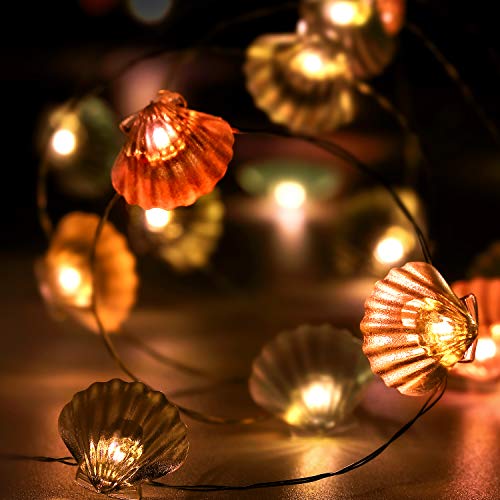 10 Pies Guirnalda de Luces 40 LEDs Temática de Playa Verano Estilo Mexicano/Mediterráneo Alimentada por Batería con 12 Modos Contro Remoto y Temporizador para Niñas Niños (Concha de Colores)